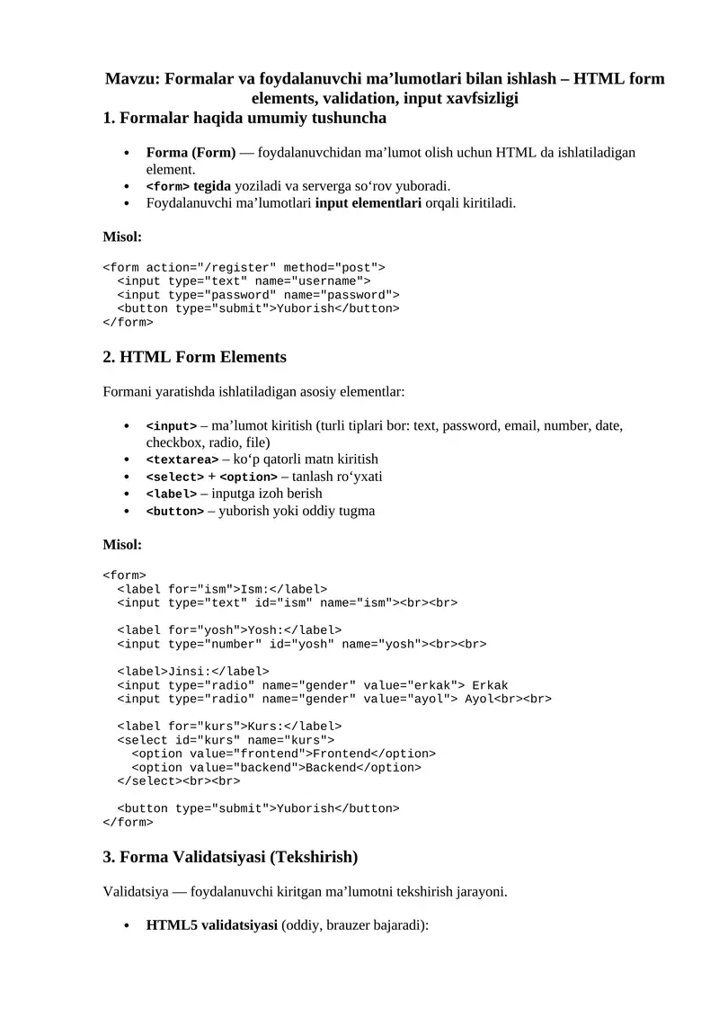 Formalar va foydalanuvchi ma’lumotlari bilan ishlash – HTML form elements, validation, input xavfsizligi
