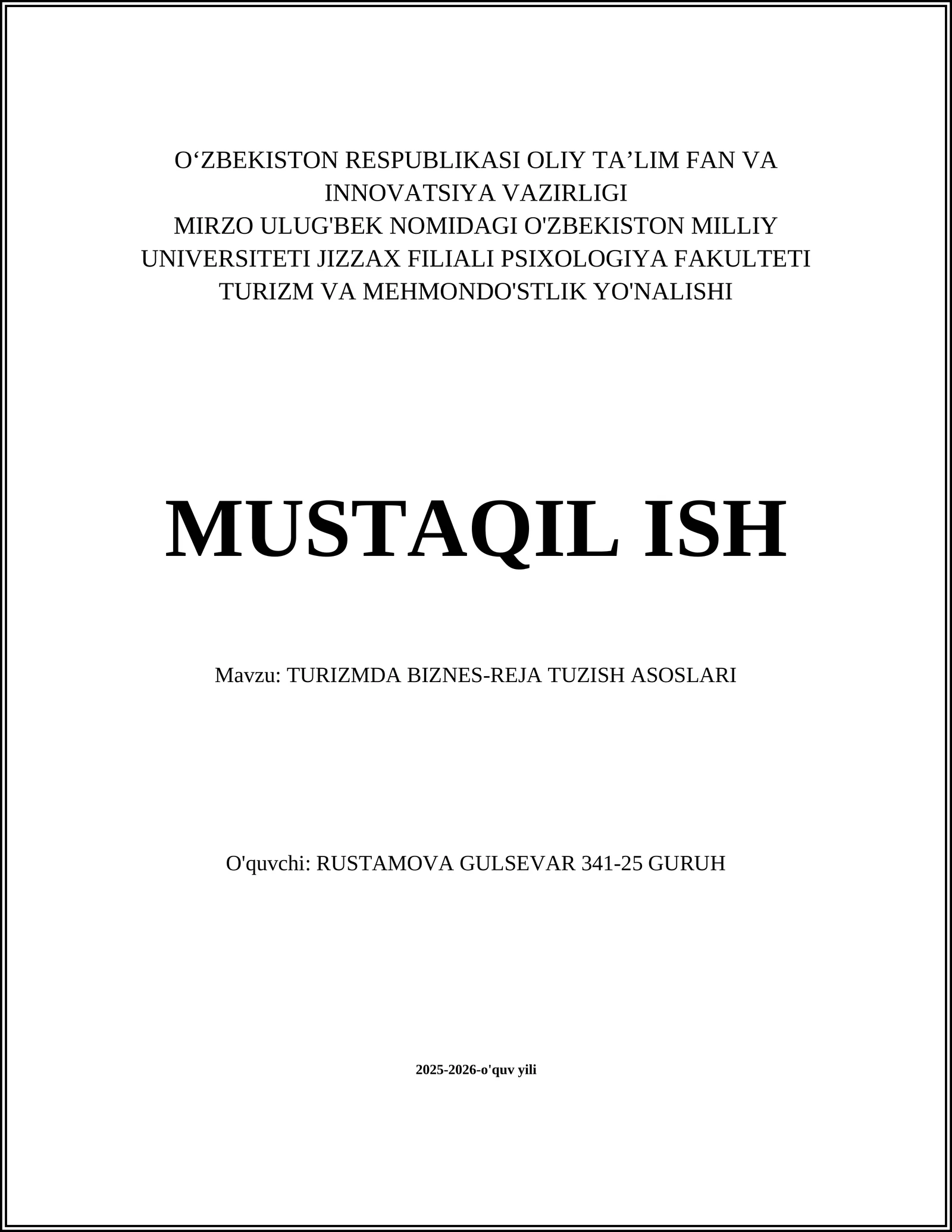 TURIZMDA BIZNES-REJA TUZISH ASOSLARI