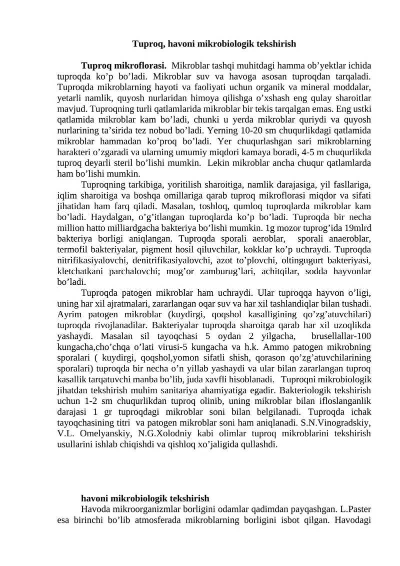 Tuproq, havoni mikrobiologik tekshirish