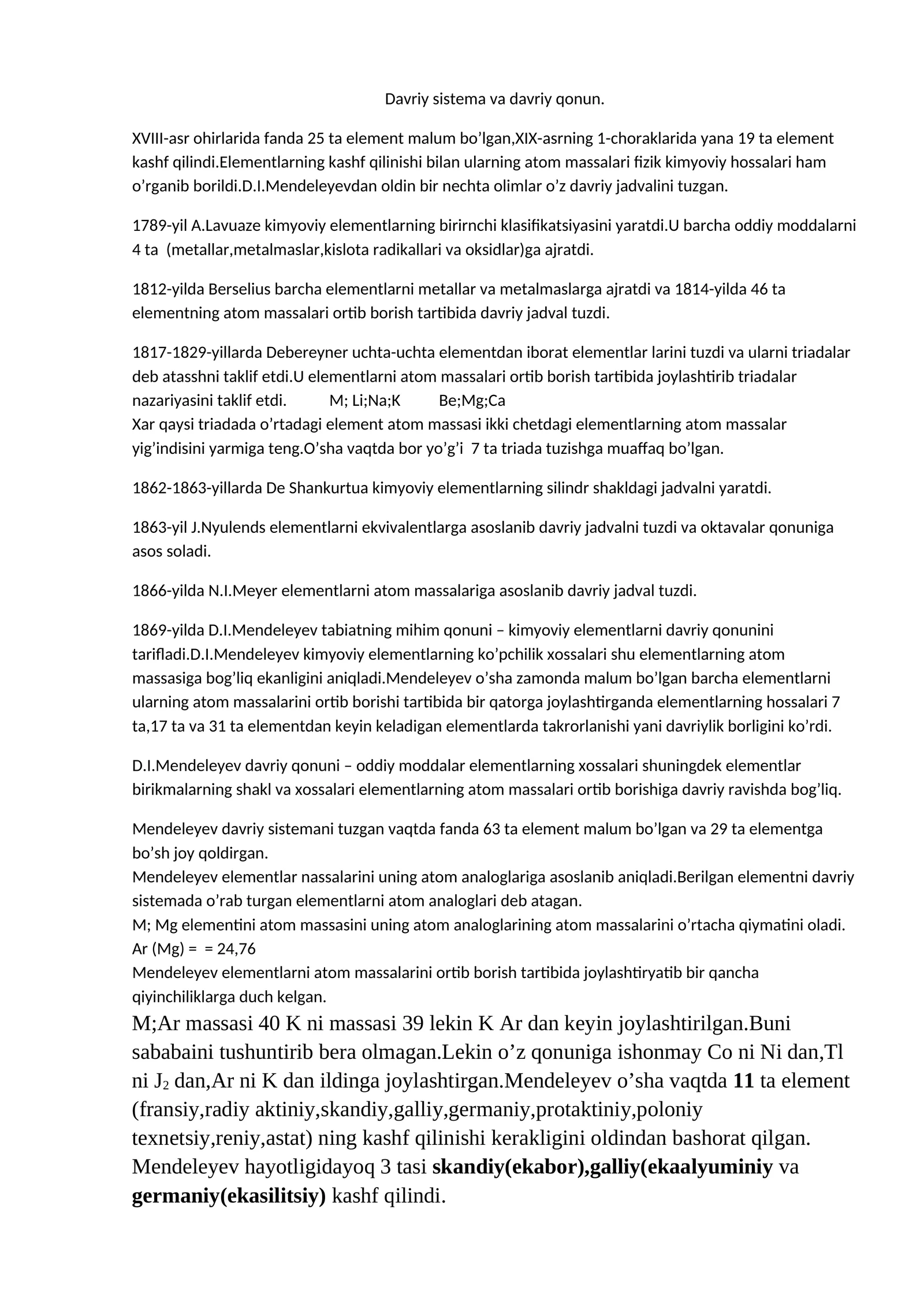 Davriy sistema va davriy qonun