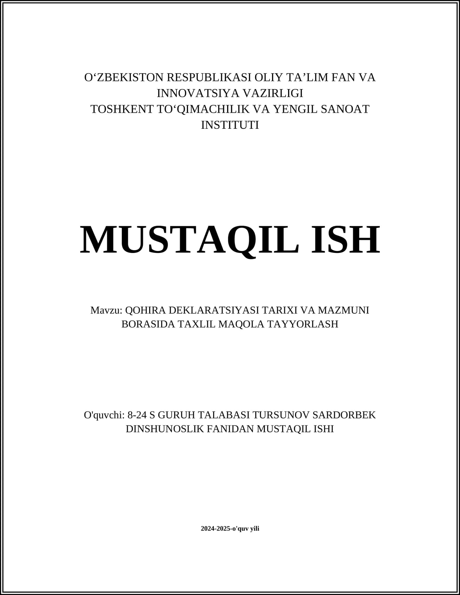 Qohira Deklaratsiyasi Tarixi va Ma'muni Borasida Taxlil Maqola Tayyorlash