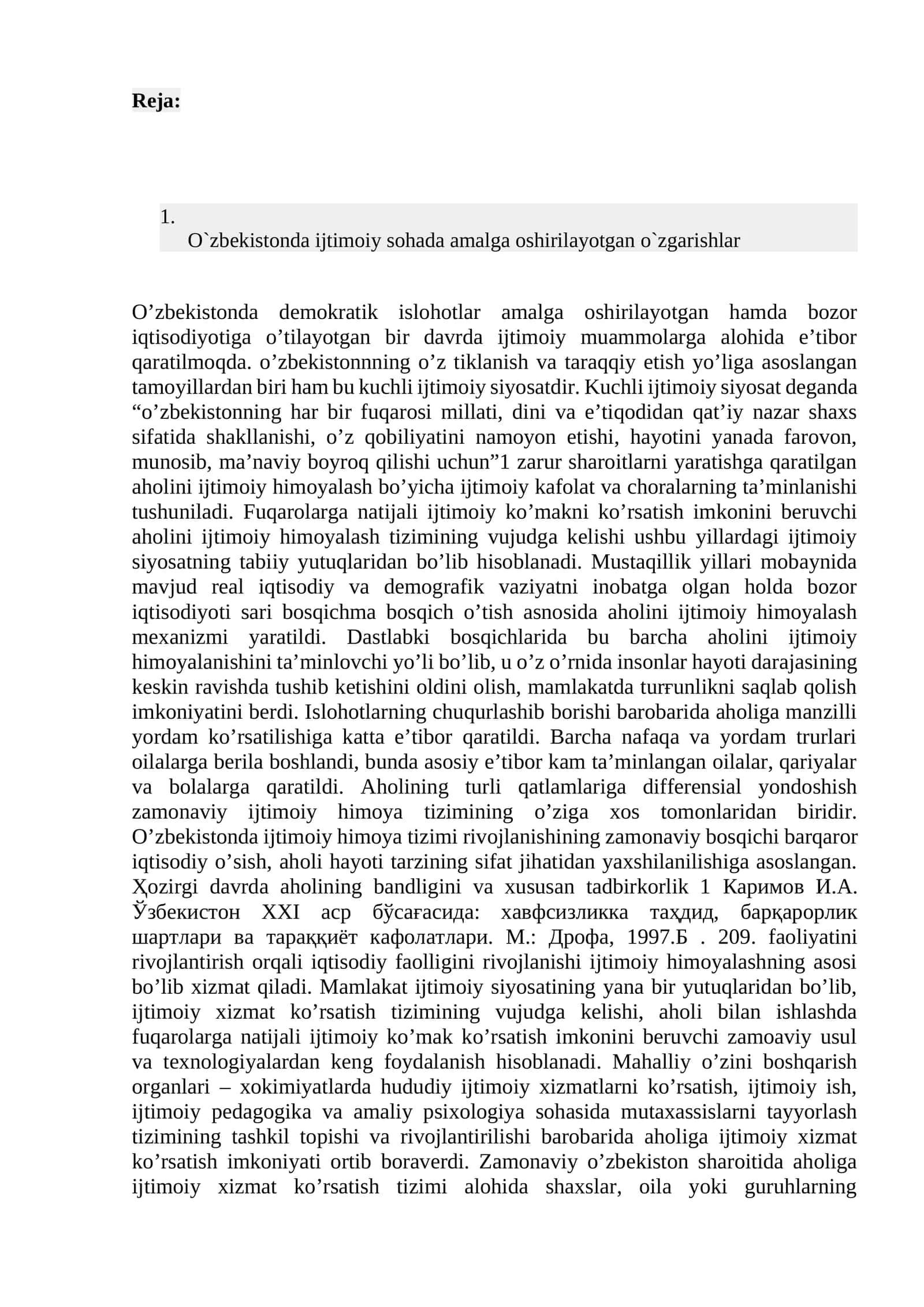O`zbekistonda ijtimoiy sohada amalga oshirilayotgan o`zgarishlar
