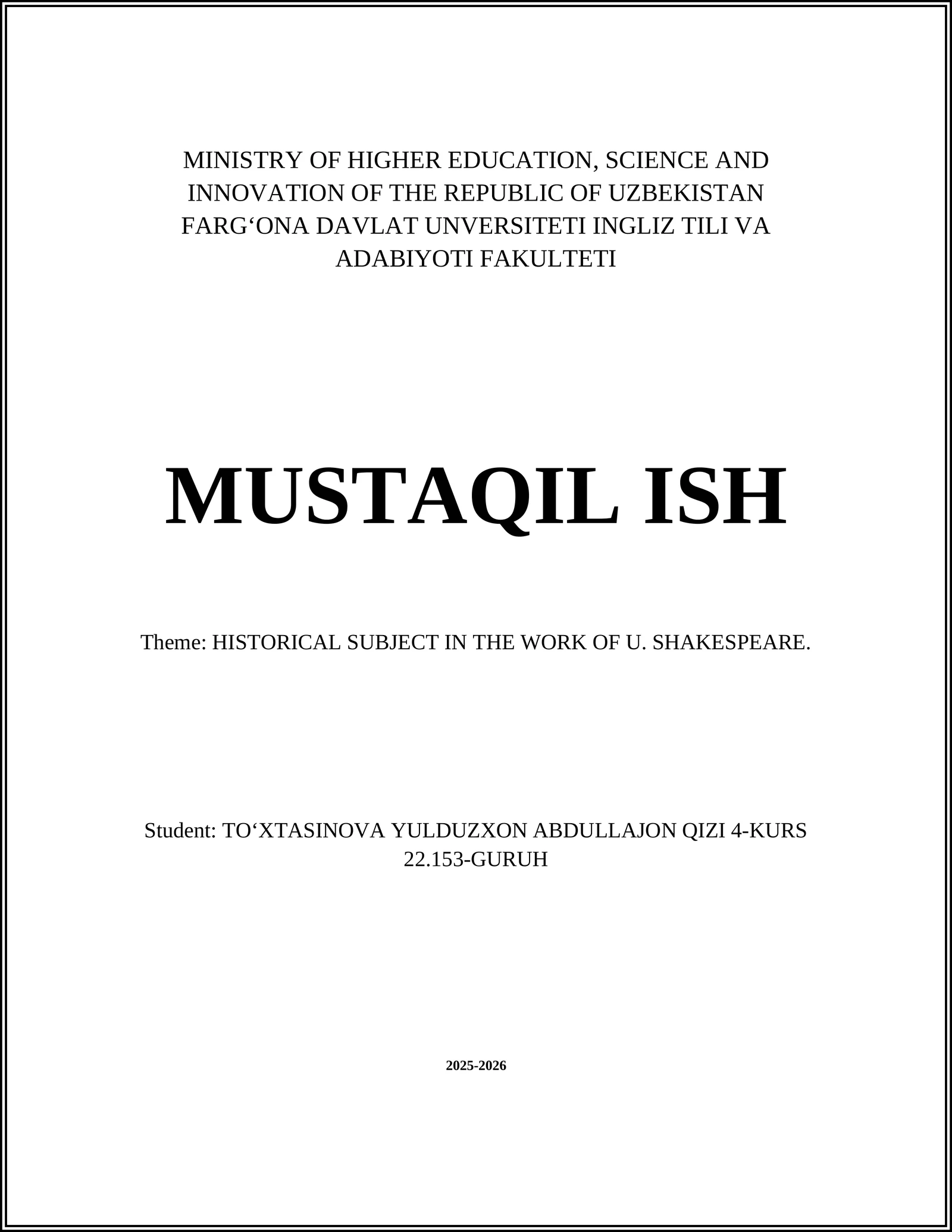 HISTORICAL SUBJECT IN THE WORK OF U. SHAKESPEARE