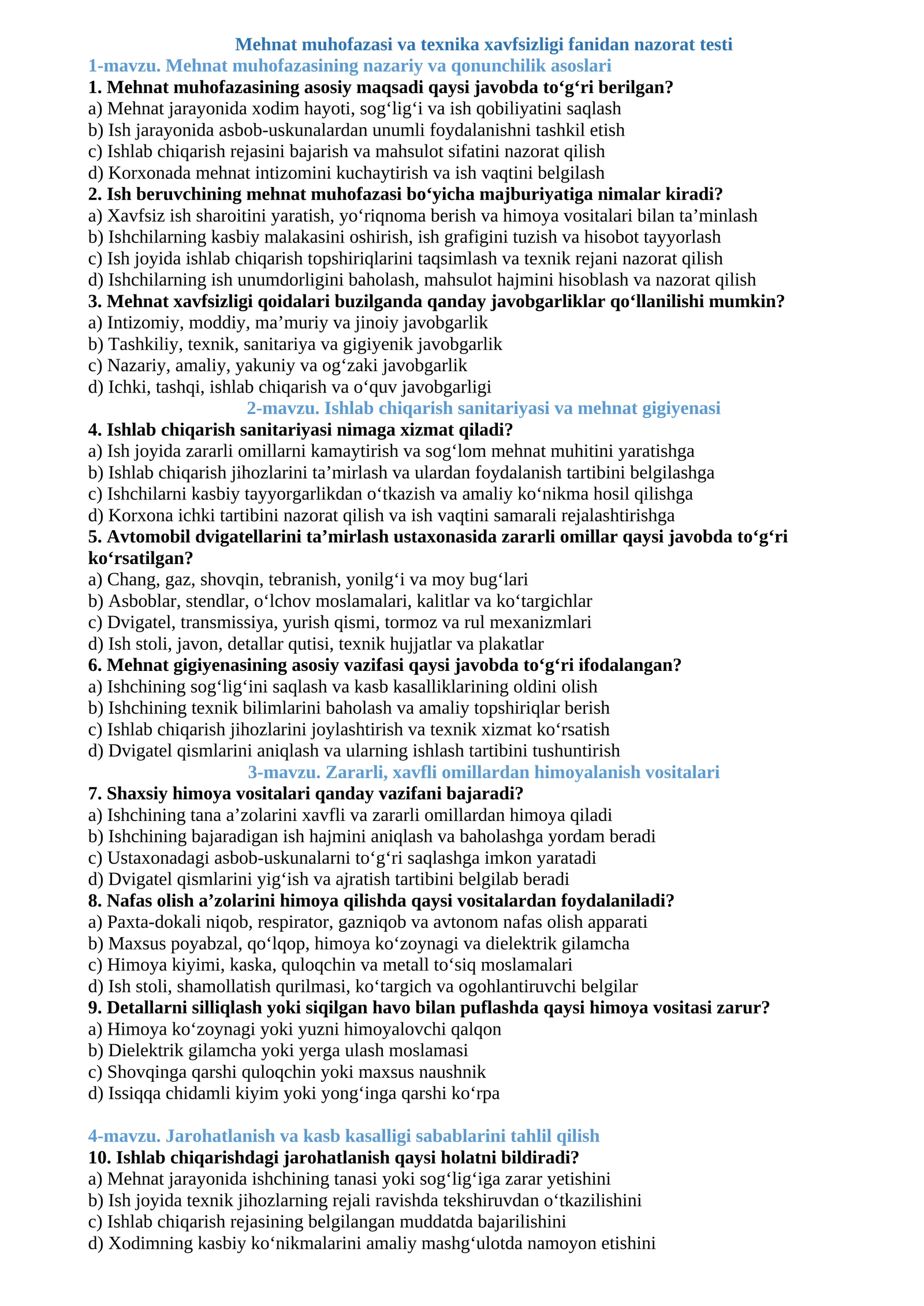 Mehnat muhofazasi va texnika xavfsizligi fanidan nazorat testi