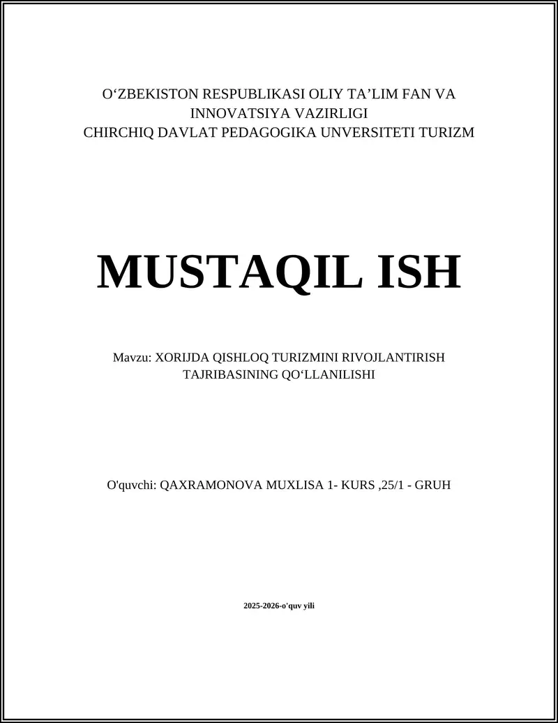 Xorijdagi qishloq turizmini rivojlantirish
