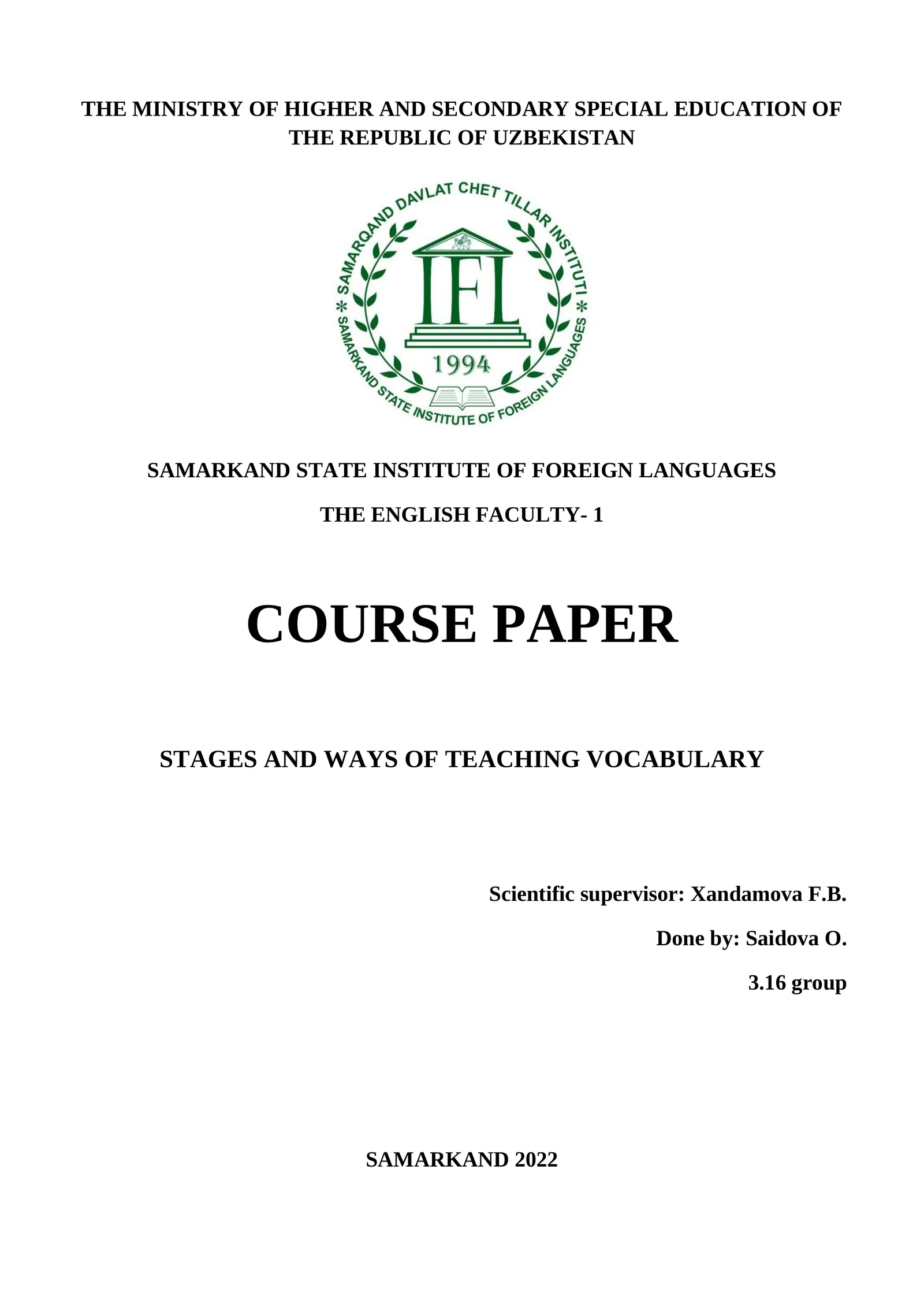 STAGES AND WAYS OF TEACHING VOCABULARY