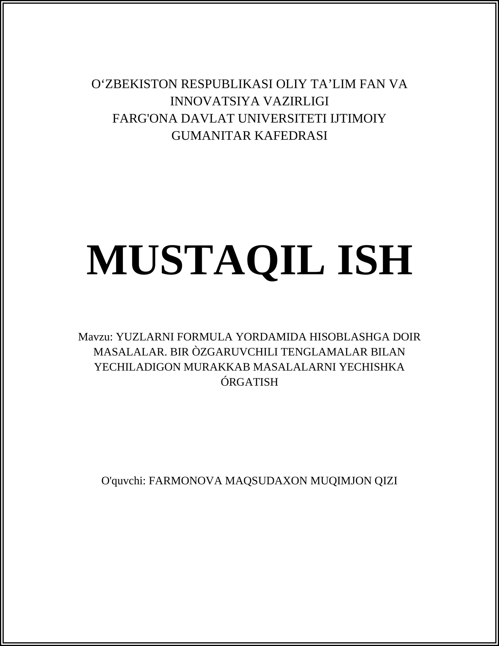 YUZLARNI FORMULA YORDAMIDA HISOBLASHGA DOIR MASALALAR. BIR ÒZGARUVCHILI TENGLAMALAR BILAN YECHILADIGON MURAKKAB MASALALARNI YECHISHKA ÓRGATISH
