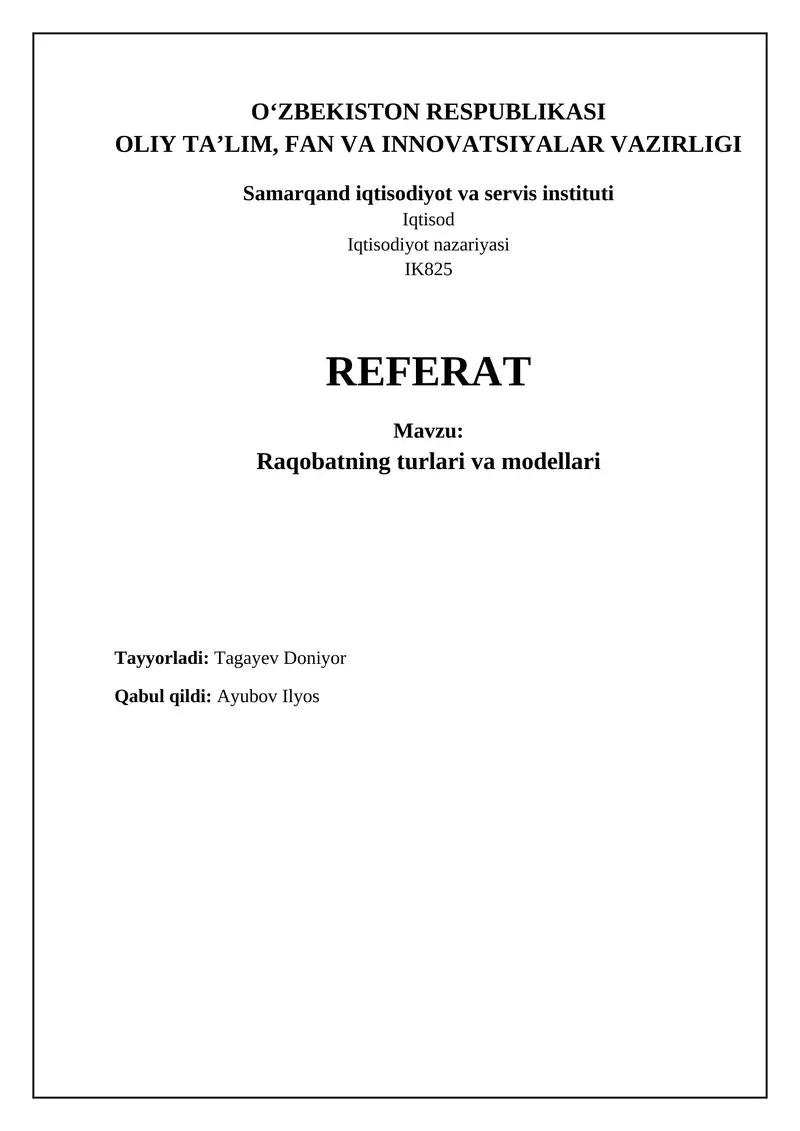 Raqobat turlari va modellari