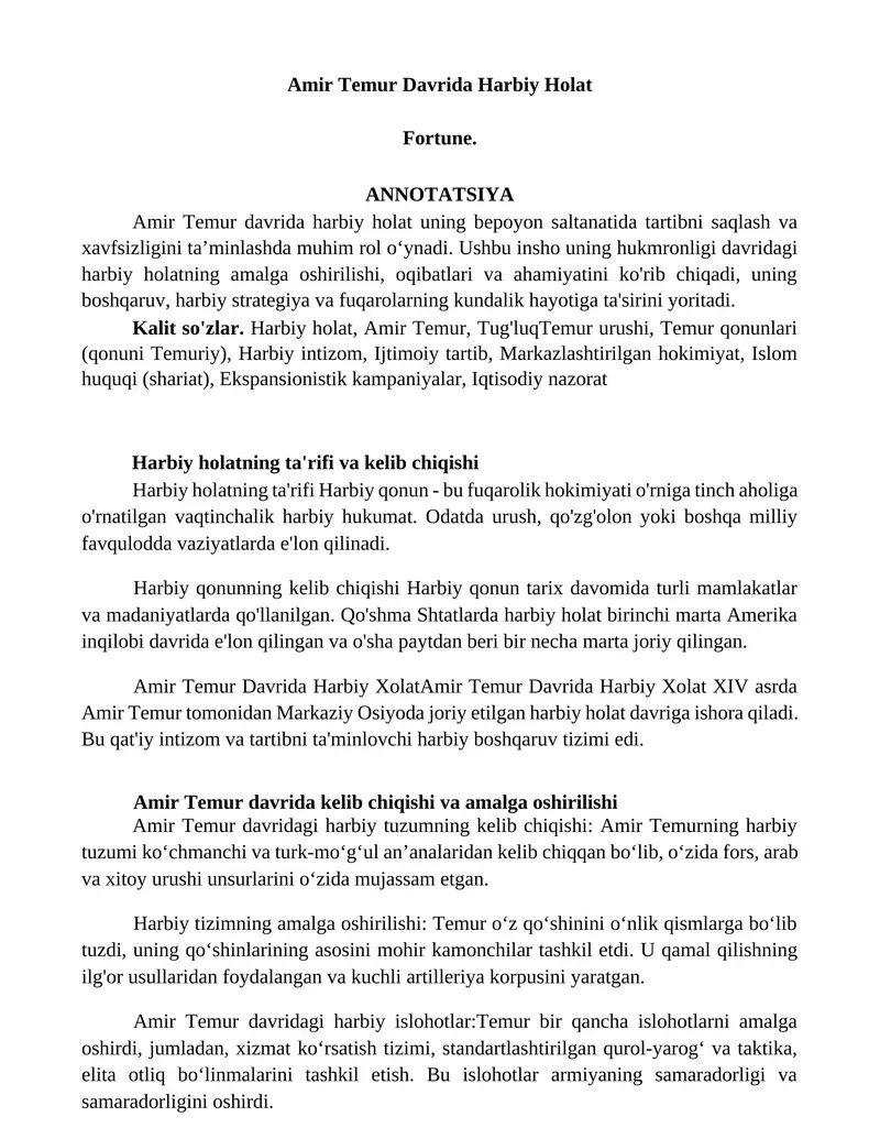 Amir Temur Davrida Harbiy Holat