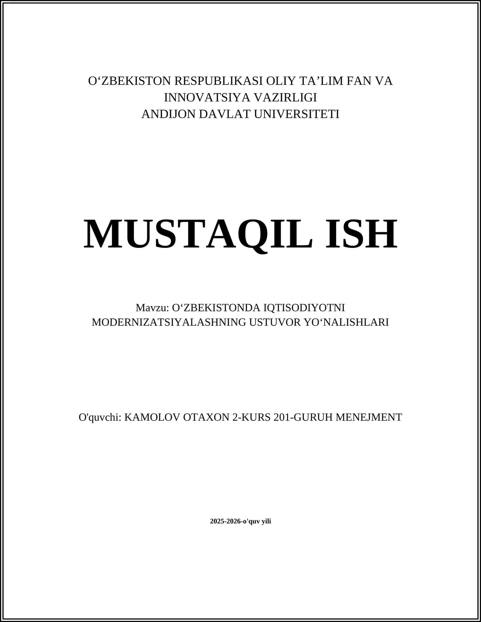 O‘ZBEKISTONDA IQTISODIYOTNI MODERNIZATSIYALASHNING USTUVOR YO‘NALISHLARI