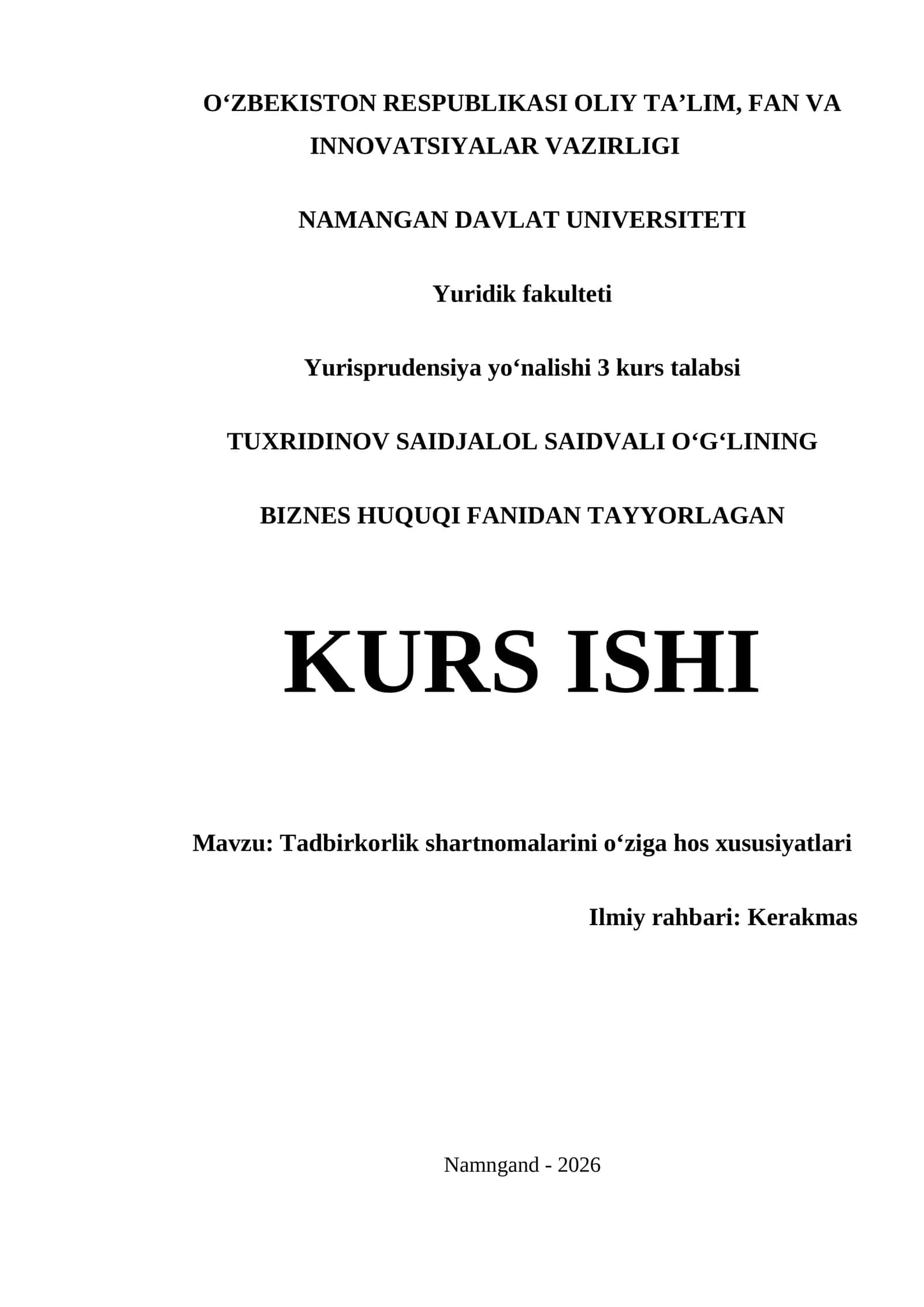 TADBIRKORLIK SHARTNOMALARINI OʻZIGA HOS XUSUSIYATLARI