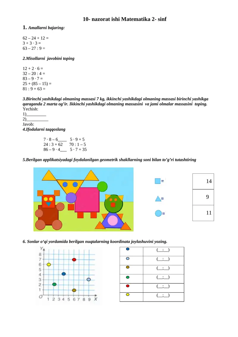 10- nazorat ishi Matematika 2- sinf