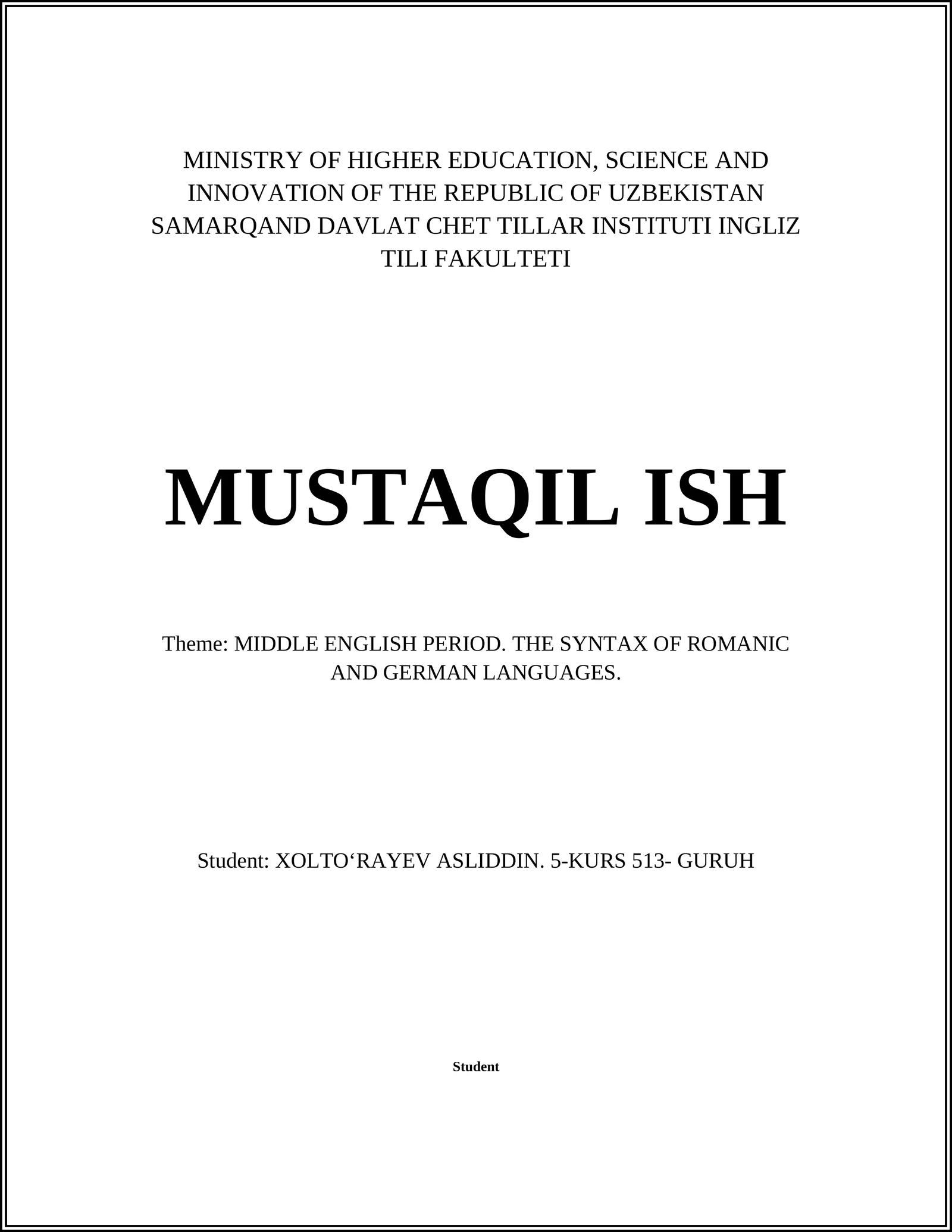 MIDDLE ENGLISH PERIOD. THE SYNTAX OF ROMANIC AND GERMAN LANGUAGES