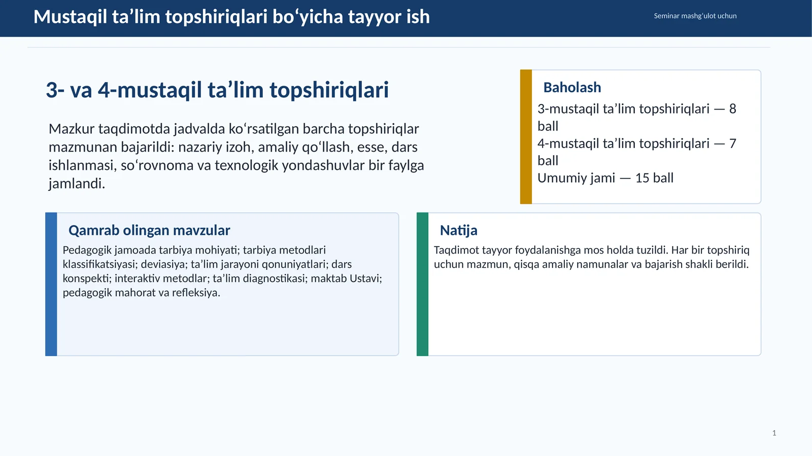 Mustaqil ta’lim topshiriqlari bo‘yicha tayyor ish