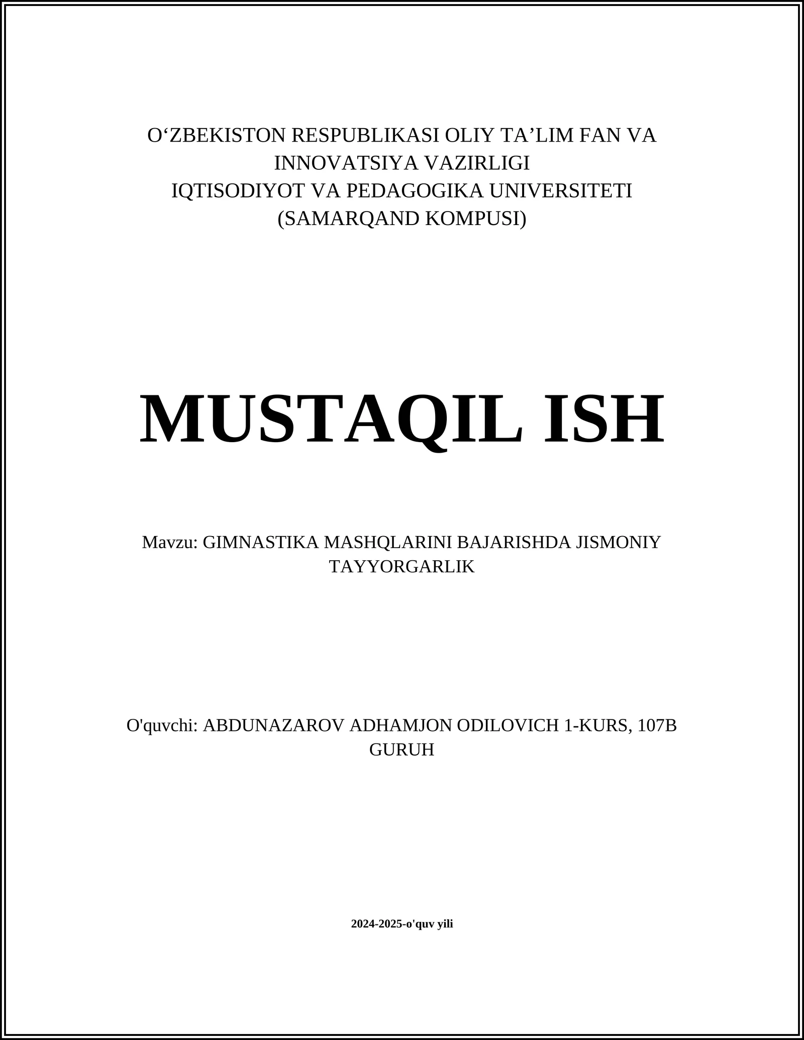 GIMNASTIKA MASHQLARINI BAJARISHDA JISMONIY TAYYORGARLIK