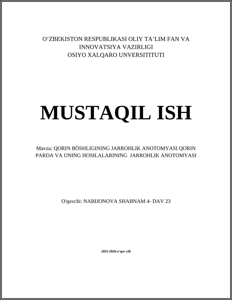 QORIN BŌSHLIGINING JARROHLIK ANOTOMYASI QORIN PARDA VA UNING HOSILALARINING JARROHLIK ANOTOMYASI