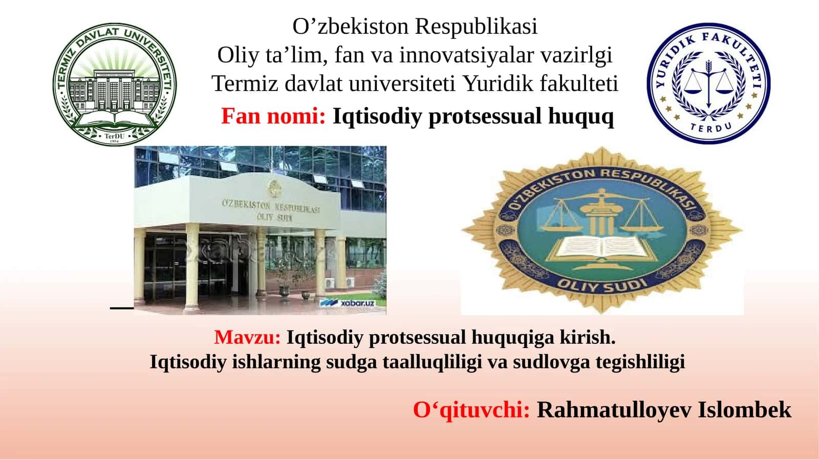 Iqtisodiy protsessual huquqiga kirish. Iqtisodiy ishlarning sudga taalluqliligi va sudlovga tegishliligi