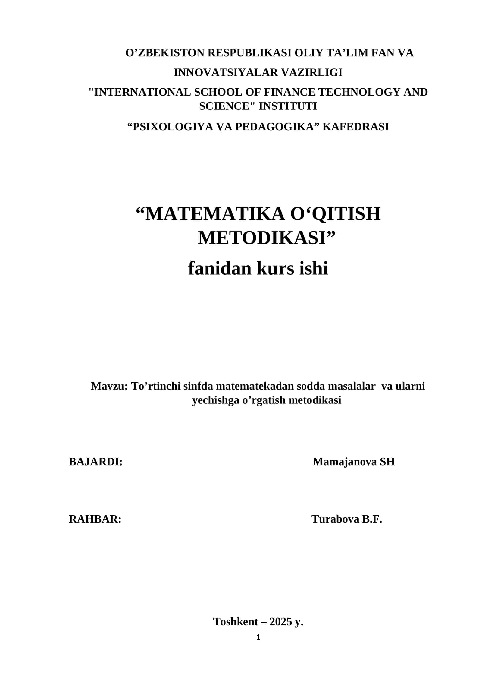 4-sinfda matematekadan sodda masalalar va ularni yechishga o’rgatish metodikasi KURS ISHI