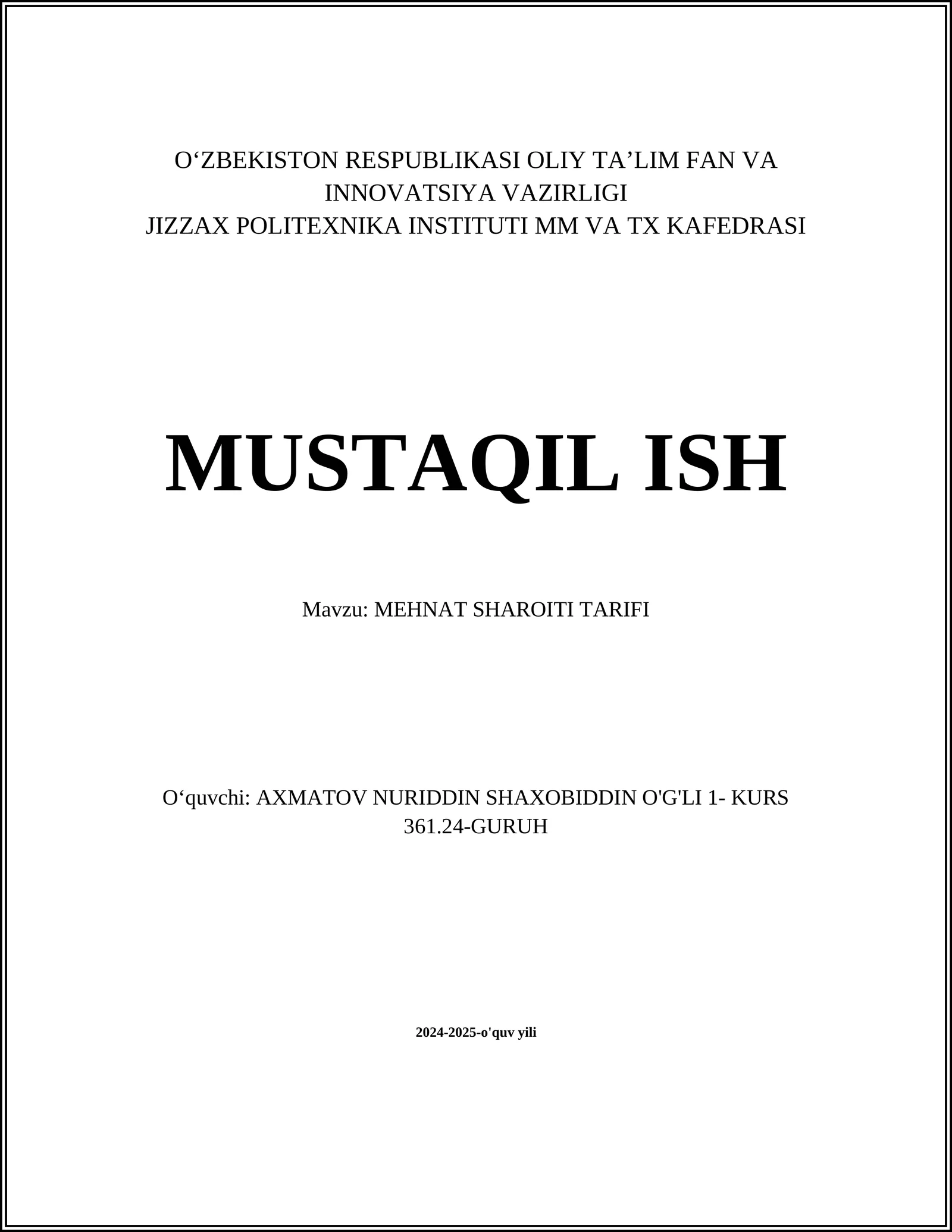 MEHNAT SHAROITI TARIFI