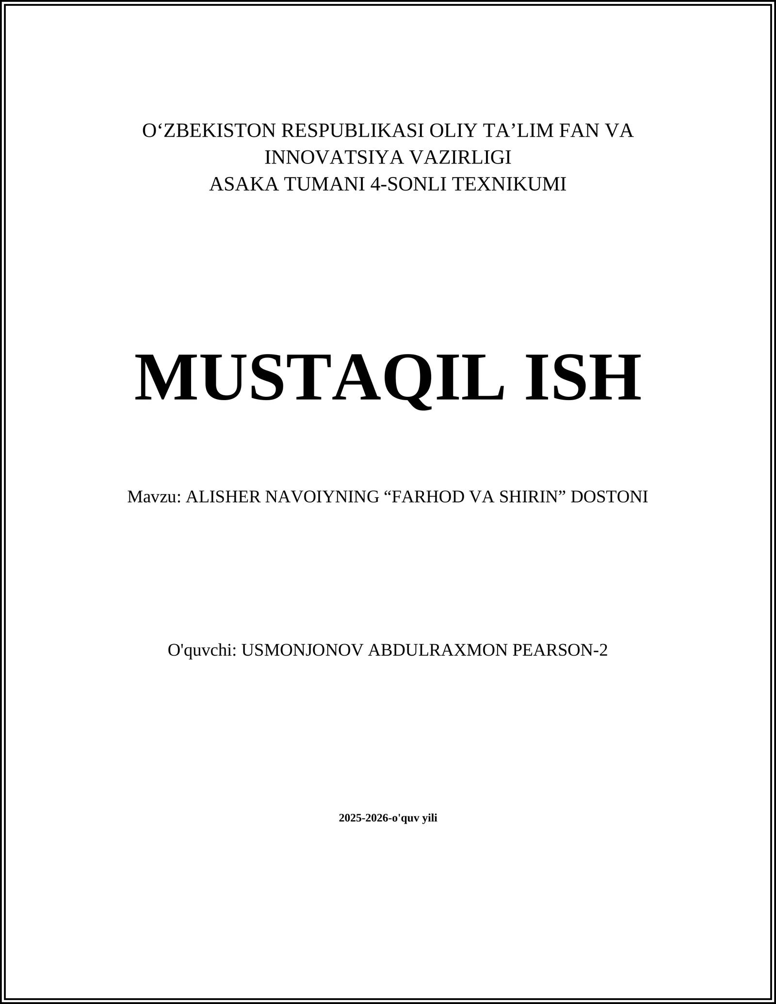 ALISHER NAVOIYNING “FARHOD VA SHIRIN” DOSTONI