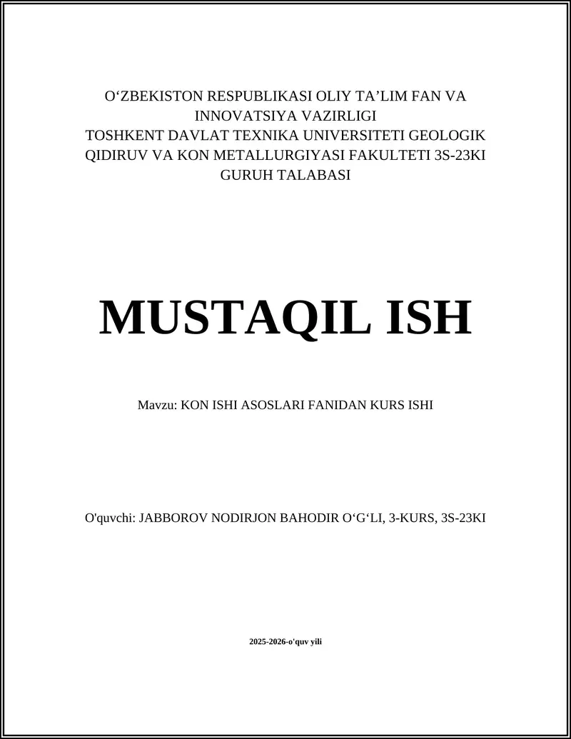 Konlarni loyihalash va ochiq kon qazib olish texnologiyasi (kurs ishi)