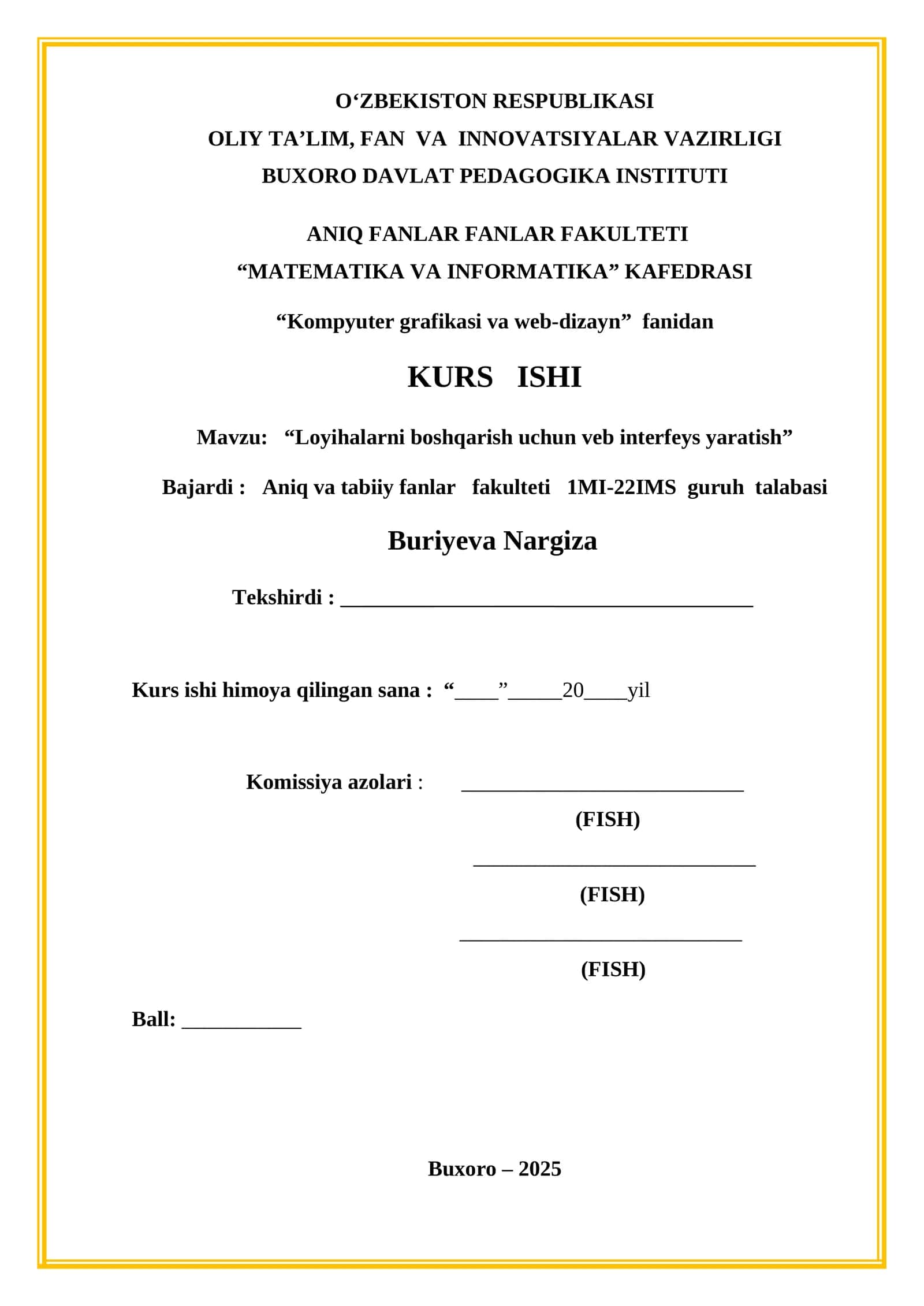 KURS ISHI: "Loyihalarni boshqarish uchun veb interfeys yaratish"