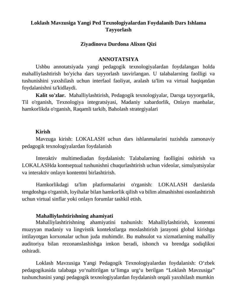 Loklash Mavzusiga Yangi Ped Texnologiyalardan Foydalanib Dars Ishlama Tayyorlash