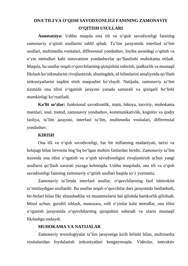 ONA TILI VA O‘QISH SAVODXONLIGI FANINING ZAMONAVIY O‘QITISH USULLARI