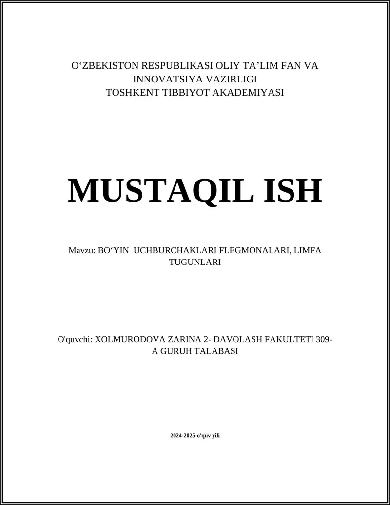 BOʻYIN UCHBURCHAKLARI FLEGMONALARI, LIMFA TUGUNLARI