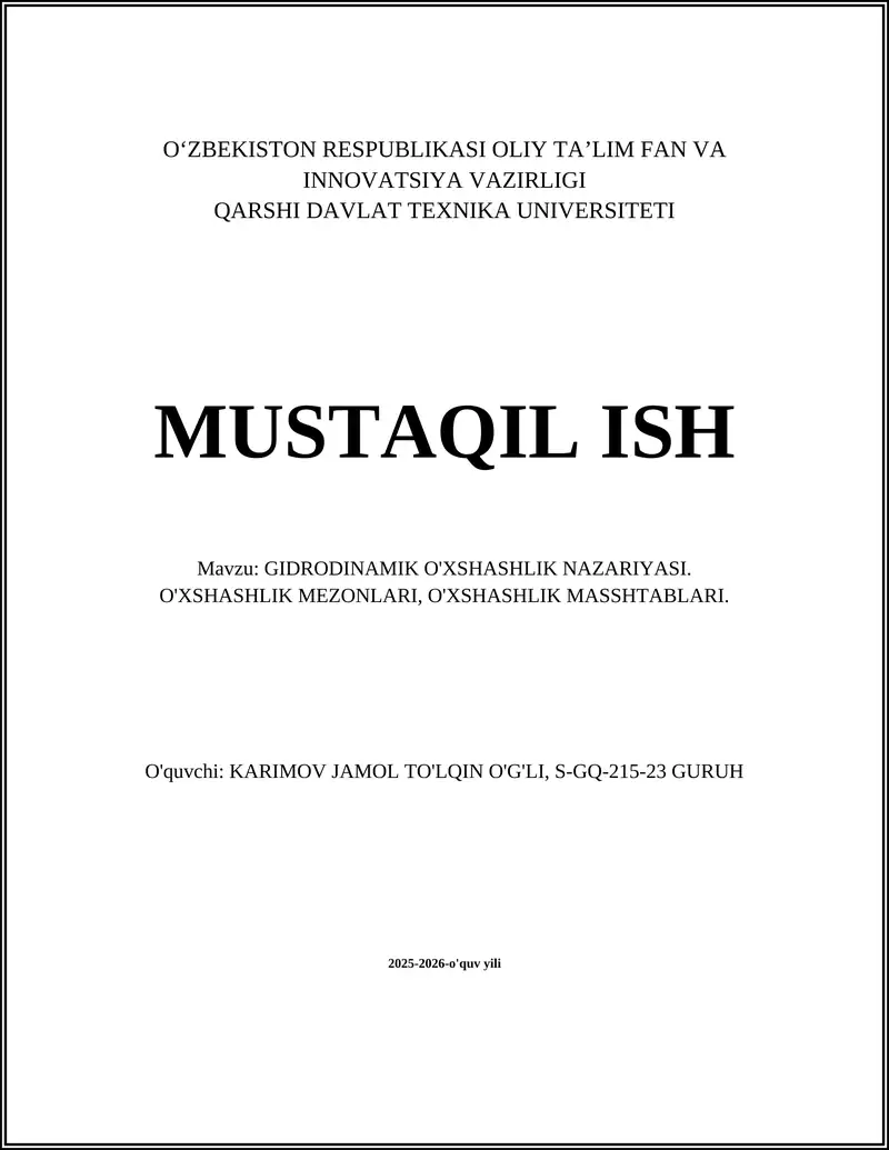 GIDRODINAMIK O'XSHASHLIK NAZARIYASI
