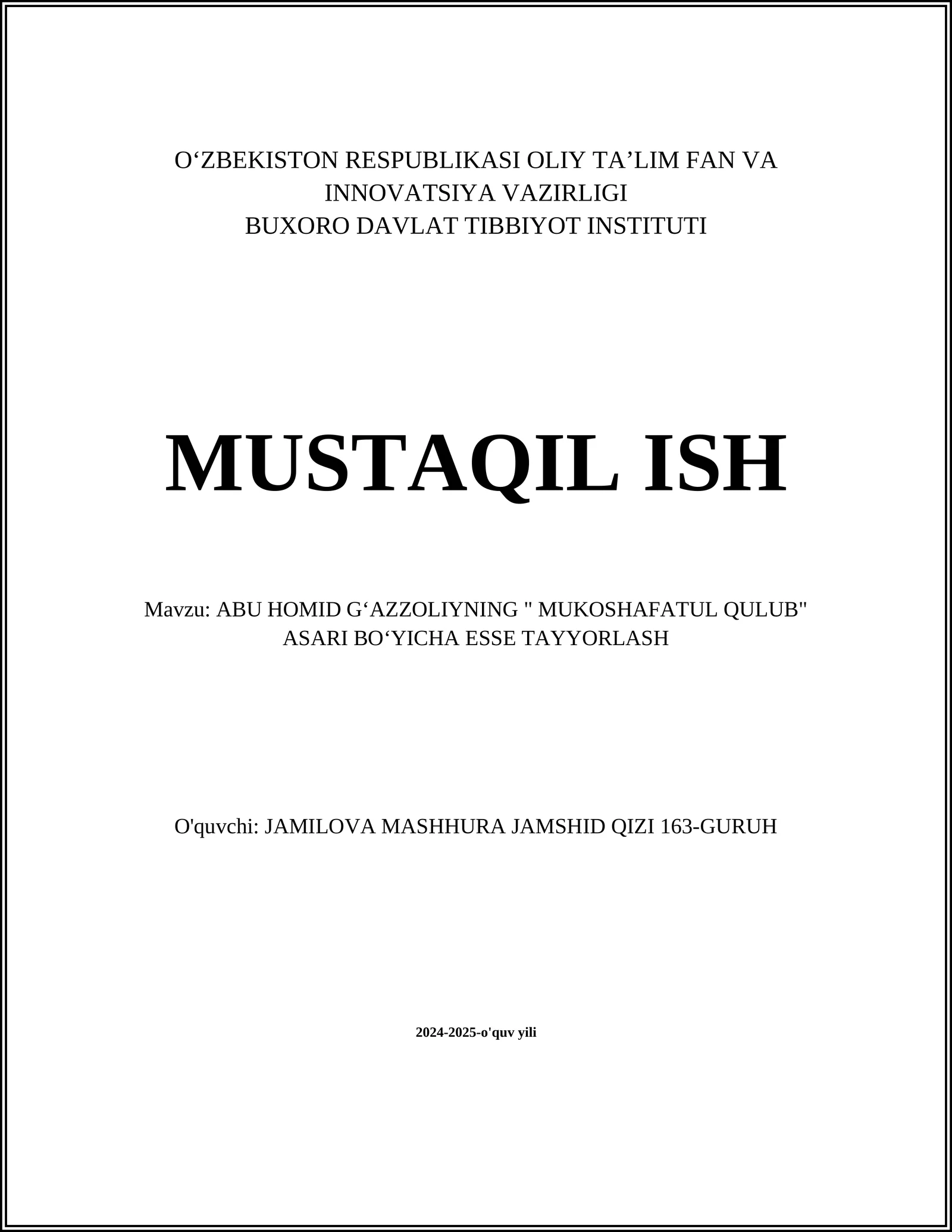 ABU HOMID GʻAZZOLIYNING " MUKOSHAFATUL QULUB" ASARI BOʻYICHA ESSE TAYYORLASH