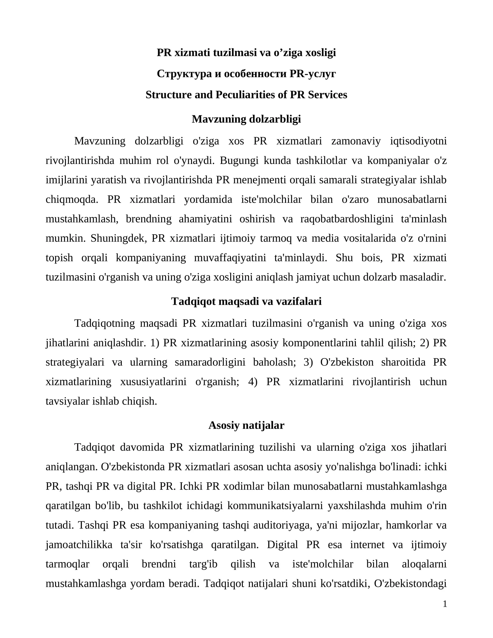 Mavzuning dolzarbligi