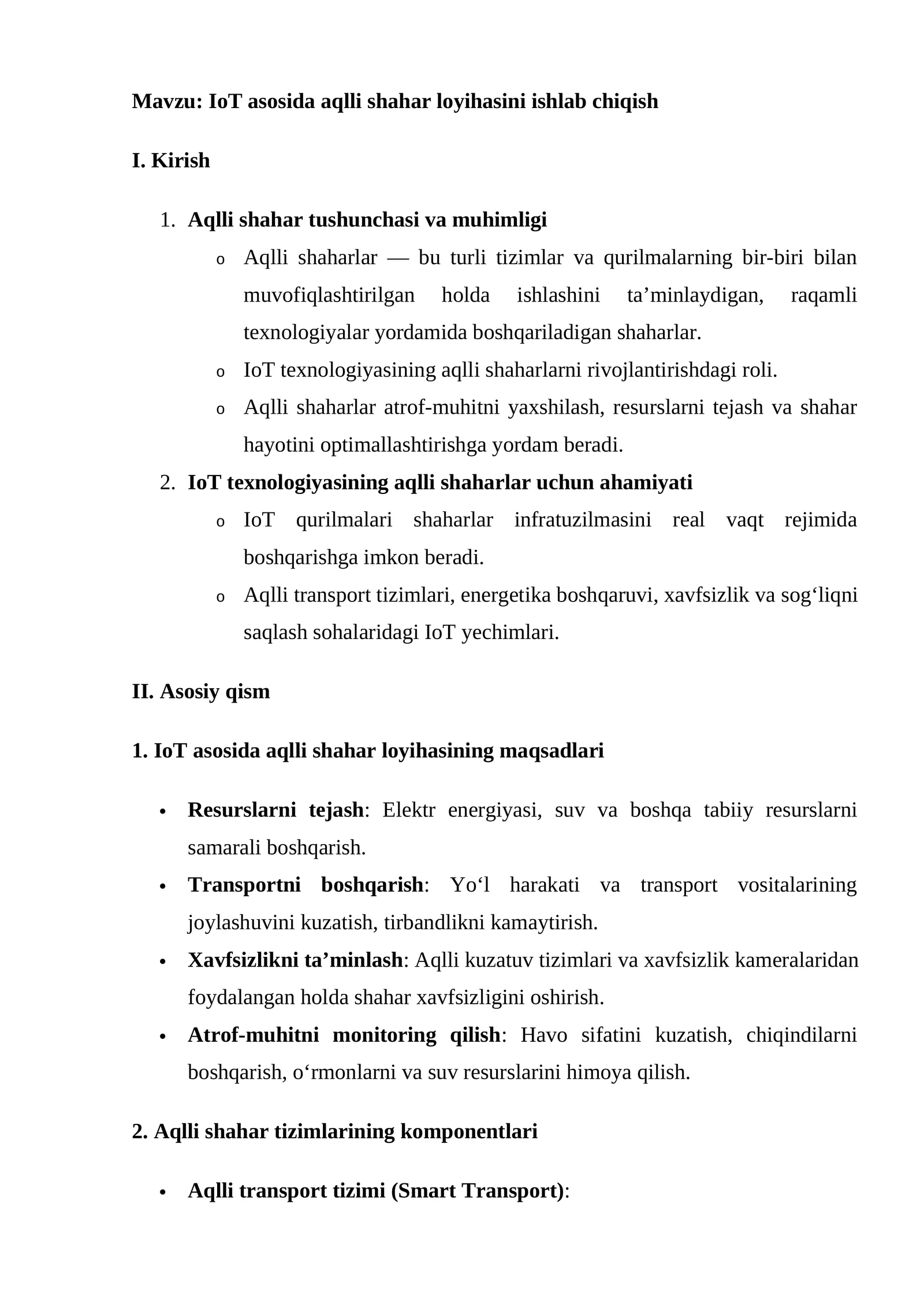IoT asosida aqlli shahar loyihasini ishlab chiqish