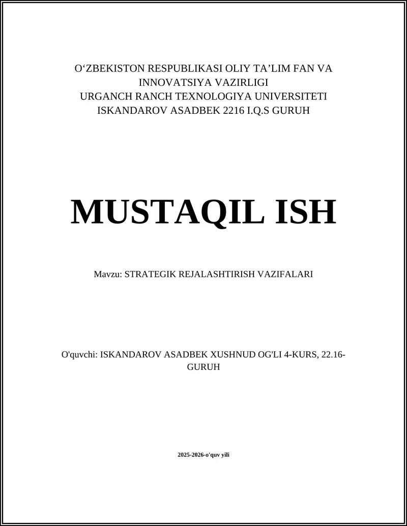 STRATEGIK REJALASHTIRISH VAZIFALARI