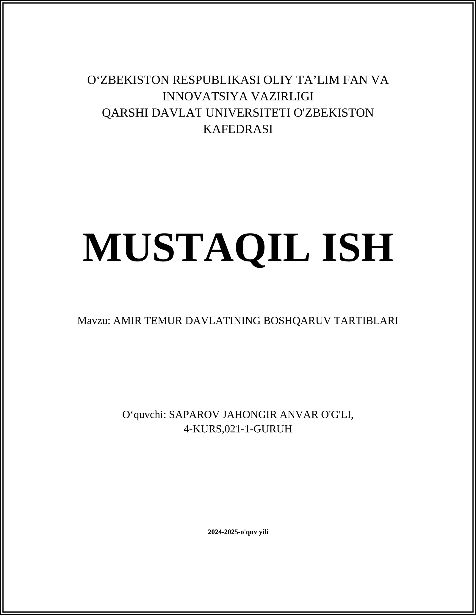 AMIR TEMUR DAVLATINING BOSHQARUV TARTIBLARI